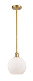 516-1S-SG-G121-8 Stem Hung 8" Satin Gold Mini Pendant - Cased Matte White Athens Glass - LED Bulb - Dimmensions: 8 x 8 x 10<br>Minimum Height : 18.75<br>Maximum Height : 42.75 - Sloped Ceiling Compatible: Yes