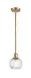 516-1S-SG-G1214-6 Stem Hung 6" Satin Gold Mini Pendant - Clear Athens Twisted Swirl 6" Glass - LED Bulb - Dimmensions: 6 x 6 x 8<br>Minimum Height : 18.75<br>Maximum Height : 42.75 - Sloped Ceiling Compatible: Yes