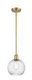 516-1S-SG-G1214-8 Stem Hung 8" Satin Gold Mini Pendant - Clear Athens Twisted Swirl 8" Glass - LED Bulb - Dimmensions: 8 x 8 x 10<br>Minimum Height : 18.75<br>Maximum Height : 42.75 - Sloped Ceiling Compatible: Yes