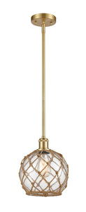 Stem Hung 8" Satin Gold Mini Pendant - Clear Farmhouse Glass with Brown Rope Glass - LED Bulb Included