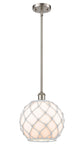 516-1S-SN-G121-10RW Stem Hung 10" Brushed Satin Nickel Mini Pendant - White Large Farmhouse Glass with White Rope Glass - LED Bulb - Dimmensions: 10 x 10 x 13<br>Minimum Height : 20.75<br>Maximum Height : 44.75 - Sloped Ceiling Compatible: Yes