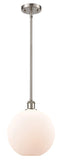516-1S-SN-G121-10 Stem Hung 10" Brushed Satin Nickel Mini Pendant - Cased Matte White Large Athens Glass - LED Bulb - Dimmensions: 10 x 10 x 13<br>Minimum Height : 20.75<br>Maximum Height : 44.75 - Sloped Ceiling Compatible: Yes