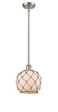 516-1S-SN-G121-8RB Stem Hung 8" Brushed Satin Nickel Mini Pendant - White Farmhouse Glass with Brown Rope Glass - LED Bulb - Dimmensions: 8 x 8 x 10<br>Minimum Height : 18.75<br>Maximum Height : 42.75 - Sloped Ceiling Compatible: Yes