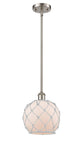 516-1S-SN-G121-8RW Stem Hung 8" Brushed Satin Nickel Mini Pendant - White Farmhouse Glass with White Rope Glass - LED Bulb - Dimmensions: 8 x 8 x 10<br>Minimum Height : 18.75<br>Maximum Height : 42.75 - Sloped Ceiling Compatible: Yes