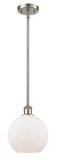 516-1S-SN-G121-8 Stem Hung 8" Brushed Satin Nickel Mini Pendant - Cased Matte White Athens Glass - LED Bulb - Dimmensions: 8 x 8 x 10<br>Minimum Height : 18.75<br>Maximum Height : 42.75 - Sloped Ceiling Compatible: Yes