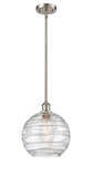 516-1S-SN-G1213-10 Stem Hung 10" Brushed Satin Nickel Mini Pendant - Clear Athens Deco Swirl 8" Glass - LED Bulb - Dimmensions: 10 x 10 x 13<br>Minimum Height : 20.75<br>Maximum Height : 44.75 - Sloped Ceiling Compatible: Yes