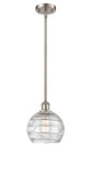516-1S-SN-G1213-8 Stem Hung 8" Brushed Satin Nickel Mini Pendant - Clear Athens Deco Swirl 8" Glass - LED Bulb - Dimmensions: 8 x 8 x 10<br>Minimum Height : 18.75<br>Maximum Height : 42.75 - Sloped Ceiling Compatible: Yes