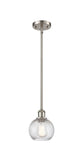 516-1S-SN-G1214-6 Stem Hung 6" Brushed Satin Nickel Mini Pendant - Clear Athens Twisted Swirl 6" Glass - LED Bulb - Dimmensions: 6 x 6 x 8<br>Minimum Height : 18.75<br>Maximum Height : 42.75 - Sloped Ceiling Compatible: Yes