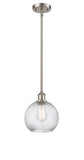 516-1S-SN-G1214-8 Stem Hung 8" Brushed Satin Nickel Mini Pendant - Clear Athens Twisted Swirl 8" Glass - LED Bulb - Dimmensions: 8 x 8 x 10<br>Minimum Height : 18.75<br>Maximum Height : 42.75 - Sloped Ceiling Compatible: Yes