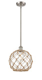 516-1S-SN-G122-10RB Stem Hung 10" Brushed Satin Nickel Mini Pendant - Clear Large Farmhouse Glass with Brown Rope Glass - LED Bulb - Dimmensions: 10 x 10 x 13<br>Minimum Height : 20.75<br>Maximum Height : 44.75 - Sloped Ceiling Compatible: Yes
