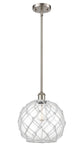 516-1S-SN-G122-10RW Stem Hung 10" Brushed Satin Nickel Mini Pendant - Clear Large Farmhouse Glass with White Rope Glass - LED Bulb - Dimmensions: 10 x 10 x 13<br>Minimum Height : 20.75<br>Maximum Height : 44.75 - Sloped Ceiling Compatible: Yes