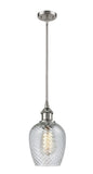 516-1S-SN-G292 Stem Hung 5" Brushed Satin Nickel Mini Pendant - Clear Spiral Fluted Salina Glass - LED Bulb - Dimmensions: 5 x 5 x 10<br>Minimum Height : 17.75<br>Maximum Height : 41.75 - Sloped Ceiling Compatible: Yes