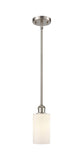 516-1S-SN-G801 Stem Hung 3.875" Brushed Satin Nickel Mini Pendant - Matte White Clymer Glass - LED Bulb - Dimmensions: 3.875 x 3.875 x 10<br>Minimum Height : 17.75<br>Maximum Height : 41.75 - Sloped Ceiling Compatible: Yes