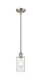 516-1S-SN-G802 Stem Hung 3.875" Brushed Satin Nickel Mini Pendant - Clear Clymer Glass - LED Bulb - Dimmensions: 3.875 x 3.875 x 10<br>Minimum Height : 17.75<br>Maximum Height : 41.75 - Sloped Ceiling Compatible: Yes
