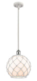 516-1S-WPC-G121-10RW Stem Hung 10" White and Polished Chrome Mini Pendant - White Large Farmhouse Glass with White Rope Glass - LED Bulb - Dimmensions: 10 x 10 x 13<br>Minimum Height : 20.75<br>Maximum Height : 44.75 - Sloped Ceiling Compatible: Yes