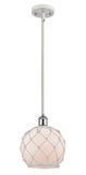 516-1S-WPC-G121-8RW Stem Hung 8" White and Polished Chrome Mini Pendant - White Farmhouse Glass with White Rope Glass - LED Bulb - Dimmensions: 8 x 8 x 10<br>Minimum Height : 18.75<br>Maximum Height : 42.75 - Sloped Ceiling Compatible: Yes