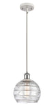 516-1S-WPC-G1213-8 Stem Hung 8" White and Polished Chrome Mini Pendant - Clear Athens Deco Swirl 8" Glass - LED Bulb - Dimmensions: 8 x 8 x 10<br>Minimum Height : 18.75<br>Maximum Height : 42.75 - Sloped Ceiling Compatible: Yes