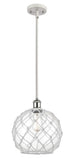 516-1S-WPC-G122-10RW Stem Hung 10" White and Polished Chrome Mini Pendant - Clear Large Farmhouse Glass with White Rope Glass - LED Bulb - Dimmensions: 10 x 10 x 13<br>Minimum Height : 20.75<br>Maximum Height : 44.75 - Sloped Ceiling Compatible: Yes