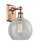 516-1W-AC-G125-8 1-Light 8" Antique Copper Sconce - Clear Crackle Athens Glass - LED Bulb - Dimmensions: 8 x 9 x 13 - Glass Up or Down: Yes