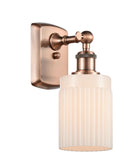 516-1W-AC-G341 1-Light 4.5" Antique Copper Sconce - Matte White Hadley Glass - LED Bulb - Dimmensions: 4.5 x 6.5 x 9 - Glass Up or Down: Yes