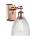 516-1W-AC-G382 1-Light 6" Antique Copper Sconce - Clear Castile Glass - LED Bulb - Dimmensions: 6 x 7.5 x 11 - Glass Up or Down: Yes