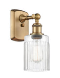 516-1W-BB-G342 1-Light 4.5" Brushed Brass Sconce - Clear Hadley Glass - LED Bulb - Dimmensions: 4.5 x 6.5 x 9 - Glass Up or Down: Yes
