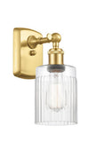 516-1W-SG-G342 1-Light 4.5" Satin Gold Sconce - Clear Hadley Glass - LED Bulb - Dimmensions: 4.5 x 6.5 x 9 - Glass Up or Down: Yes