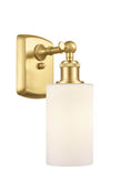 516-1W-SG-G801 1-Light 3.875" Satin Gold Sconce - Matte White Clymer Glass - LED Bulb - Dimmensions: 3.875 x 6 x 12 - Glass Up or Down: Yes