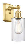 516-1W-SG-G802 1-Light 3.875" Satin Gold Sconce - Clear Clymer Glass - LED Bulb - Dimmensions: 3.875 x 6 x 12 - Glass Up or Down: Yes