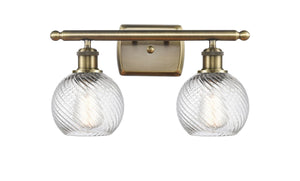 2-Light 16" Antique Brass Bath Vanity Light - Clear Athens Twisted Swirl 6" Glass LED