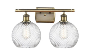 2-Light 16" Antique Brass Bath Vanity Light - Clear Athens Twisted Swirl 8" Glass LED