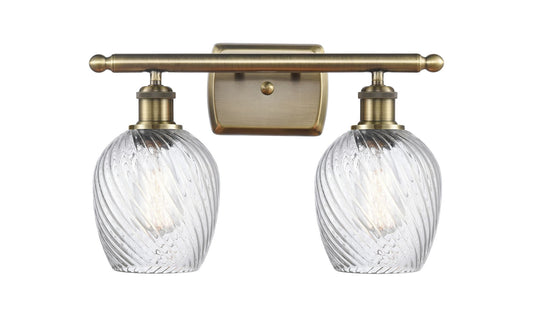 2-Light 16" Antique Brass Bath Vanity Light - Clear Spiral Fluted Salina Glass LED