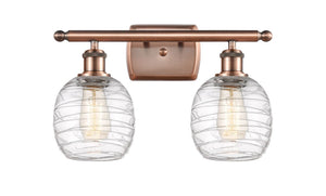 2-Light 16" Antique Copper Bath Vanity Light - Deco Swirl Belfast Glass - LED Bulbs Included