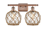 516-2W-AC-G122-8RB 2-Light 16" Antique Copper Bath Vanity Light - Clear Farmhouse Glass with Brown Rope Glass - LED Bulb - Dimmensions: 16 x 9 x 13 - Glass Up or Down: Yes