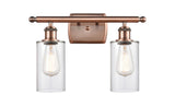 516-2W-AC-G802 2-Light 16" Antique Copper Bath Vanity Light - Clear Clymer Glass - LED Bulb - Dimmensions: 16 x 6 x 12 - Glass Up or Down: Yes