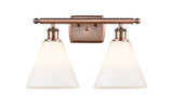 516-2W-AC-GBC-81 2-Light 18" Antique Copper Bath Vanity Light - Matte White Cased Ballston Cone Glass - LED Bulb - Dimmensions: 18 x 8.125 x 11.25 - Glass Up or Down: Yes