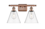516-2W-AC-GBC-82 2-Light 18" Antique Copper Bath Vanity Light - Clear Ballston Cone Glass - LED Bulb - Dimmensions: 18 x 8.125 x 11.25 - Glass Up or Down: Yes