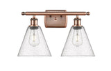 516-2W-AC-GBC-84 2-Light 18" Antique Copper Bath Vanity Light - Seedy Ballston Cone Glass - LED Bulb - Dimmensions: 18 x 8.125 x 11.25 - Glass Up or Down: Yes