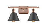 516-2W-AC-M8-BK 2-Light 16" Antique Copper Bath Vanity Light - Matte Black Smithfield Shade - LED Bulb - Dimmensions: 16 x 8 x 10.5 - Glass Up or Down: Yes
