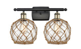 516-2W-BAB-G122-8RB 2-Light 16" Black Antique Brass Bath Vanity Light - Clear Farmhouse Glass with Brown Rope Glass - LED Bulb - Dimmensions: 16 x 9 x 13 - Glass Up or Down: Yes