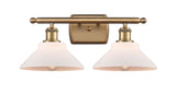516-2W-BB-G131 2-Light 18" Brushed Brass Bath Vanity Light - Matte White Orwell Glass - LED Bulb - Dimmensions: 18 x 10 x 10 - Glass Up or Down: Yes