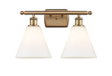 516-2W-BB-GBC-81 2-Light 18" Brushed Brass Bath Vanity Light - Matte White Cased Ballston Cone Glass - LED Bulb - Dimmensions: 18 x 8.125 x 11.25 - Glass Up or Down: Yes
