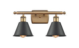 516-2W-BB-M8-BK 2-Light 16" Brushed Brass Bath Vanity Light - Matte Black Smithfield Shade - LED Bulb - Dimmensions: 16 x 8 x 10.5 - Glass Up or Down: Yes