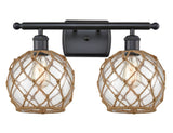 516-2W-BK-G122-8RB 2-Light 16" Matte Black Bath Vanity Light - Clear Farmhouse Glass with Brown Rope Glass - LED Bulb - Dimmensions: 16 x 9 x 13 - Glass Up or Down: Yes