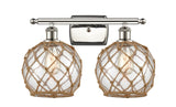 516-2W-PN-G122-8RB 2-Light 16" Polished Nickel Bath Vanity Light - Clear Farmhouse Glass with Brown Rope Glass - LED Bulb - Dimmensions: 16 x 9 x 13 - Glass Up or Down: Yes