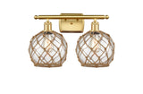 516-2W-SG-G122-8RB 2-Light 16" Satin Gold Bath Vanity Light - Clear Farmhouse Glass with Brown Rope Glass - LED Bulb - Dimmensions: 16 x 9 x 13 - Glass Up or Down: Yes