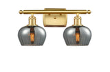 516-2W-SG-G93 2-Light 16" Satin Gold Bath Vanity Light - Plated Smoke Fenton Glass - LED Bulb - Dimmensions: 16 x 8 x 10.5 - Glass Up or Down: Yes