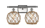 516-2W-SN-G122-8RB 2-Light 16" Brushed Satin Nickel Bath Vanity Light - Clear Farmhouse Glass with Brown Rope Glass - LED Bulb - Dimmensions: 16 x 9 x 13 - Glass Up or Down: Yes