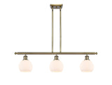 516-3I-AB-G121-6 3-Light 36" Antique Brass Island Light - Cased Matte White Athens Glass - LED Bulb - Dimmensions: 36 x 6 x 9.375<br>Minimum Height : 18.375<br>Maximum Height : 42.375 - Sloped Ceiling Compatible: Yes