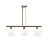 516-3I-AB-GBD-751 3-Light 36" Antique Brass Island Light - Matte White Ballston Dome Glass - LED Bulb - Dimmensions: 36 x 7.5 x 10.75<br>Minimum Height : 19.75<br>Maximum Height : 43.75 - Sloped Ceiling Compatible: Yes